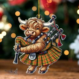 ScotsTee Shop Scottish Baxter Clan Tartan Highland Cow Ornament Bagpipe in Scottish Kilt