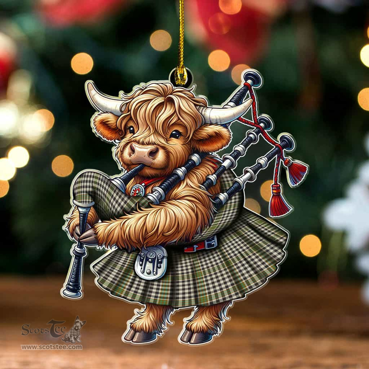 ScotsTee Shop Scottish Burns Check Clan Tartan Highland Cow Ornament Bagpipe in Scottish Kilt