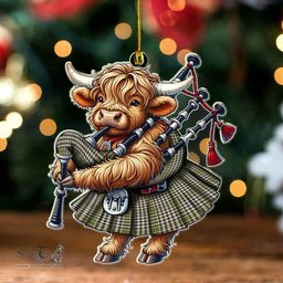 ScotsTee Shop Scottish Burns Check Clan Tartan Highland Cow Ornament Bagpipe in Scottish Kilt
