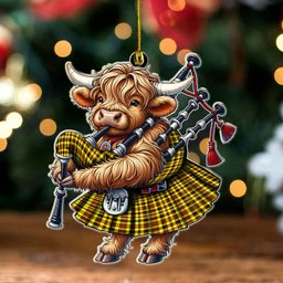 ScotsTee Shop Scottish Jardine Clan Tartan Highland Cow Ornament Bagpipe in Scottish Kilt