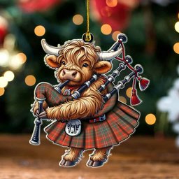 ScotsTee Shop Scottish MacDougall Ancient Clan Tartan Highland Cow Ornament Bagpipe in Scottish Kilt