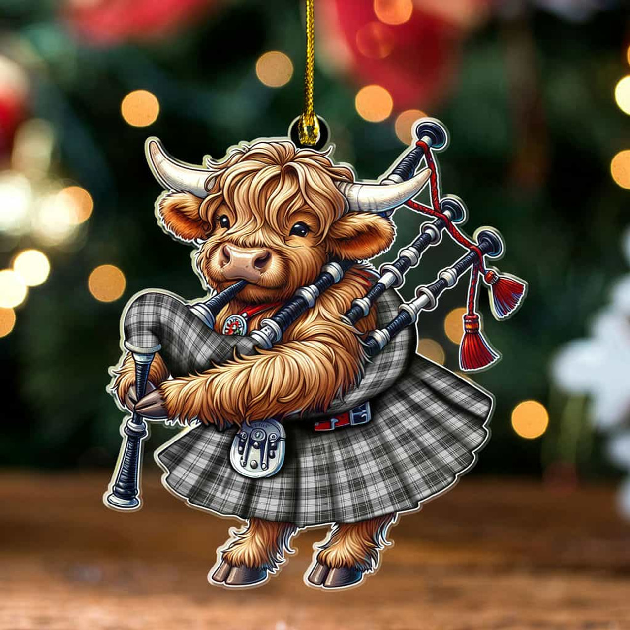ScotsTee Shop Scottish Douglas Grey Modern Clan Tartan Highland Cow Ornament Bagpipe in Scottish Kilt