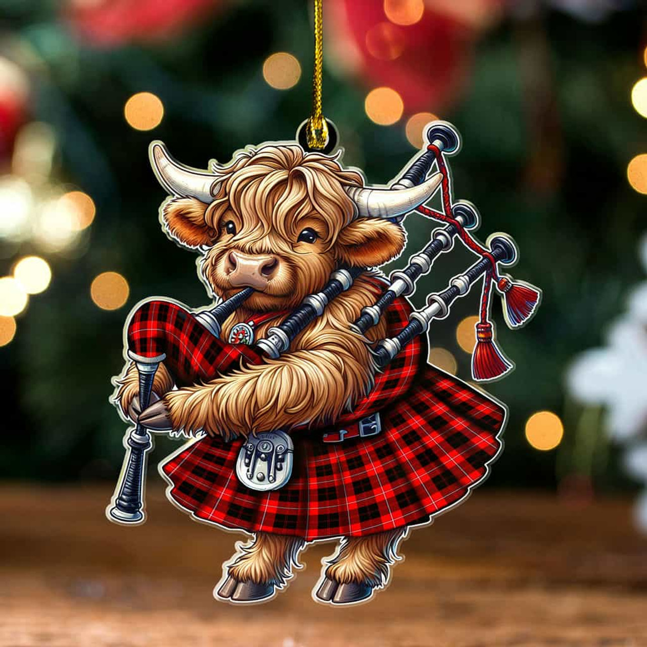 ScotsTee Shop Scottish Cunningham Modern Clan Tartan Highland Cow Ornament Bagpipe in Scottish Kilt