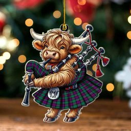 ScotsTee Shop Scottish MacArthur - Milton Clan Tartan Highland Cow Ornament Bagpipe in Scottish Kilt