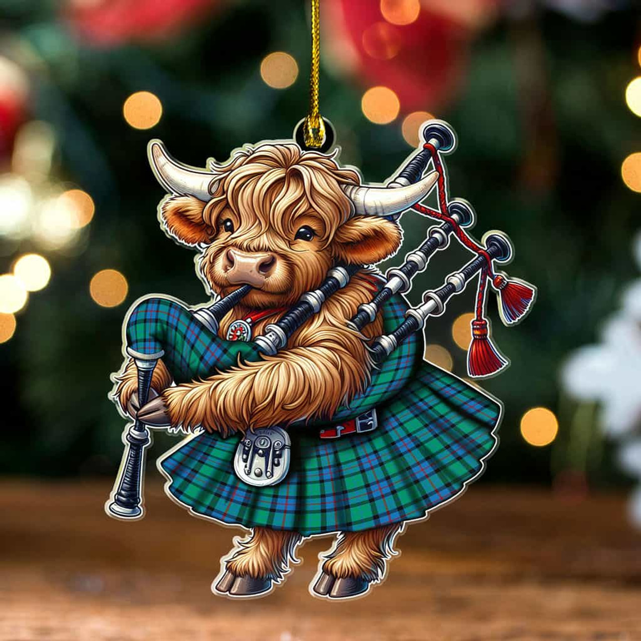 ScotsTee Shop Scottish Flower of Scotland Clan Tartan Highland Cow Ornament Bagpipe in Scottish Kilt