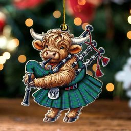 ScotsTee Shop Scottish Irvine Ancient Clan Tartan Highland Cow Ornament Bagpipe in Scottish Kilt