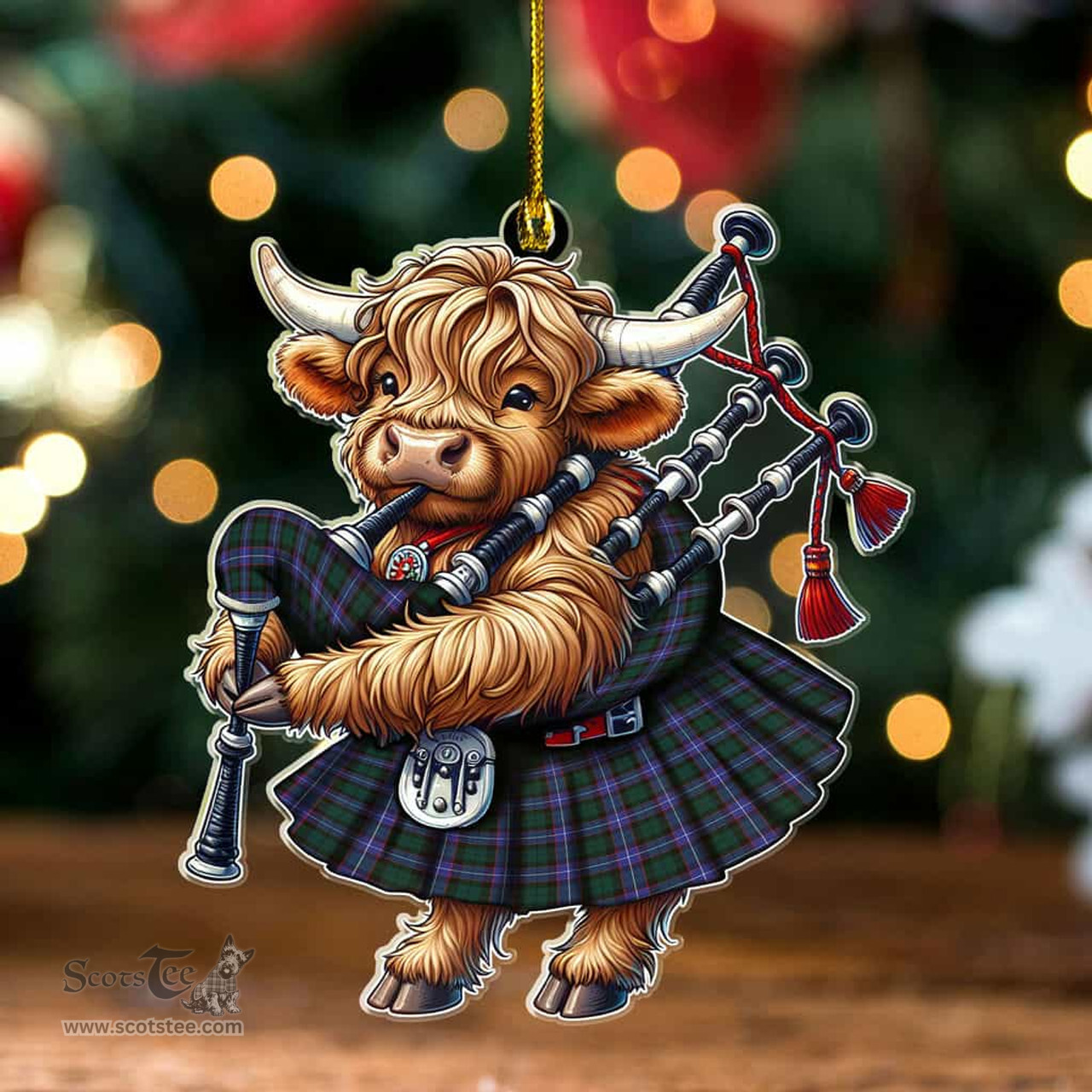 ScotsTee Shop Scottish Hunter Modern Clan Tartan Highland Cow Ornament Bagpipe in Scottish Kilt