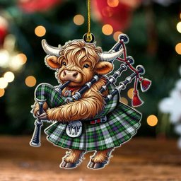 ScotsTee Shop Scottish MacKenzie Dress Modern Clan Tartan Highland Cow Ornament Bagpipe in Scottish Kilt