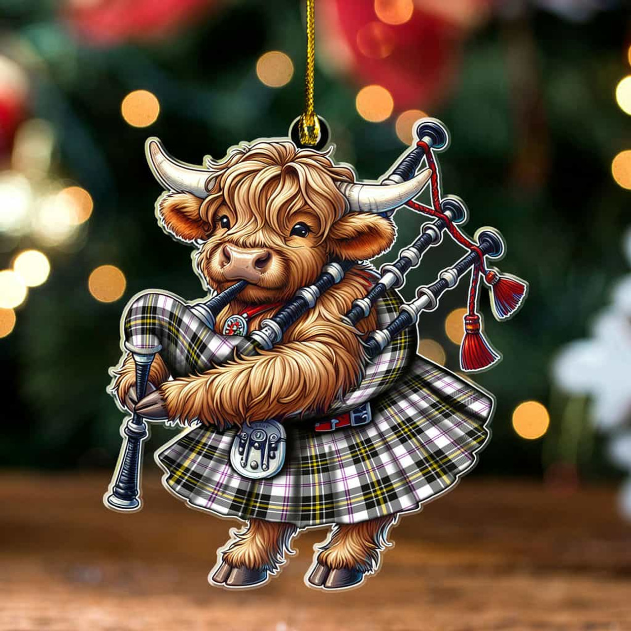 ScotsTee Shop Scottish MacPherson Dress Modern Clan Tartan Highland Cow Ornament Bagpipe in Scottish Kilt