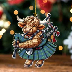 ScotsTee Shop Scottish MacIntyre Hunting Ancient Clan Tartan Highland Cow Ornament Bagpipe in Scottish Kilt