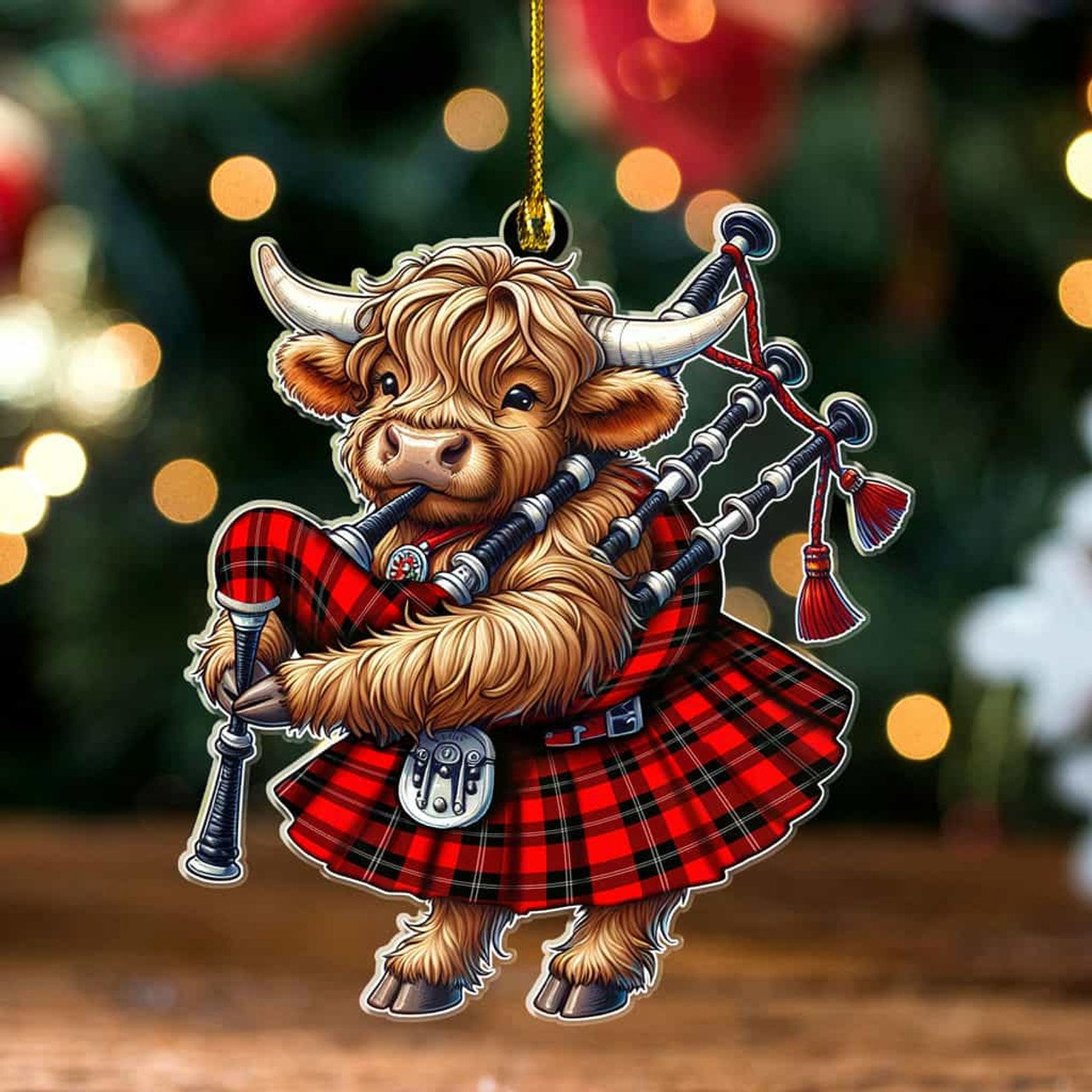 ScotsTee Shop Scottish Ramsay Modern Clan Tartan Highland Cow Ornament Bagpipe in Scottish Kilt