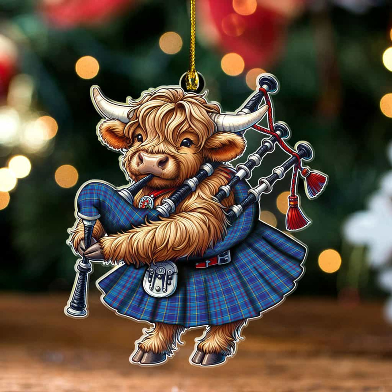ScotsTee Shop Scottish Mercer Modern Clan Tartan Highland Cow Ornament Bagpipe in Scottish Kilt