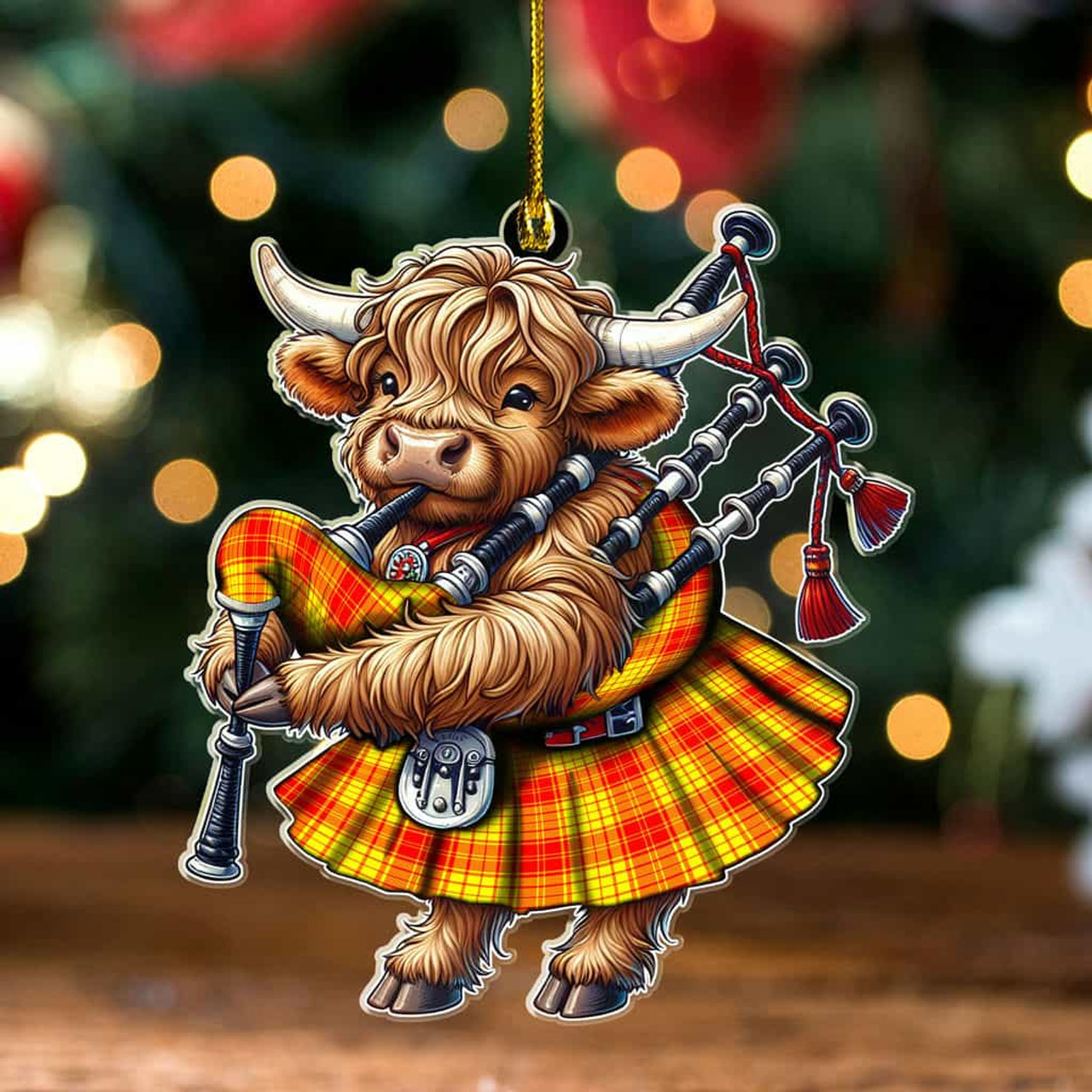 ScotsTee Shop Scottish MacMillan Clan Tartan Highland Cow Ornament Bagpipe in Scottish Kilt