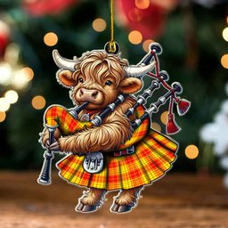 ScotsTee Shop Scottish MacMillan Clan Tartan Highland Cow Ornament Bagpipe in Scottish Kilt