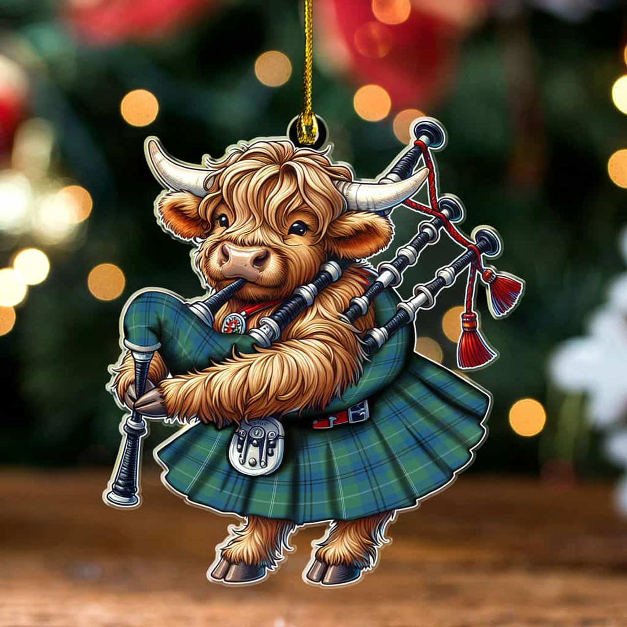 ScotsTee Shop Scottish Oliphant Ancient Clan Tartan Highland Cow Ornament Bagpipe in Scottish Kilt