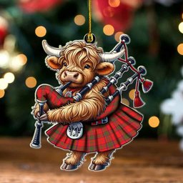 ScotsTee Shop Scottish Ross Modern Clan Tartan Highland Cow Ornament Bagpipe in Scottish Kilt