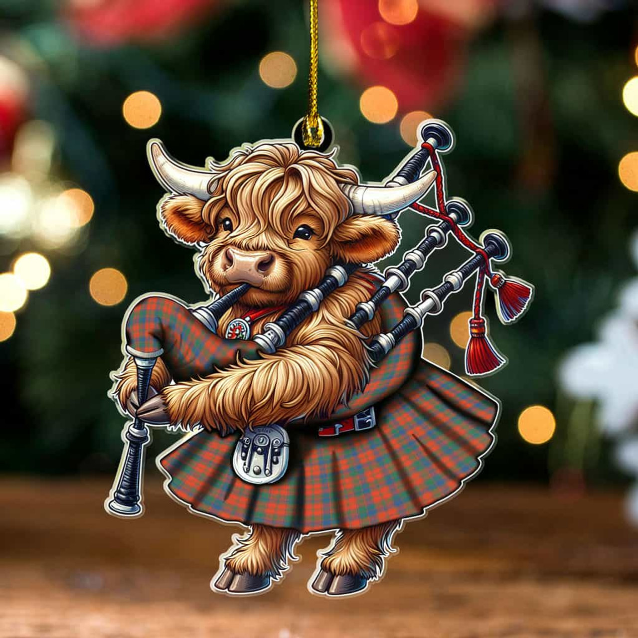 ScotsTee Shop Scottish Robertson Ancient Clan Tartan Highland Cow Ornament Bagpipe in Scottish Kilt