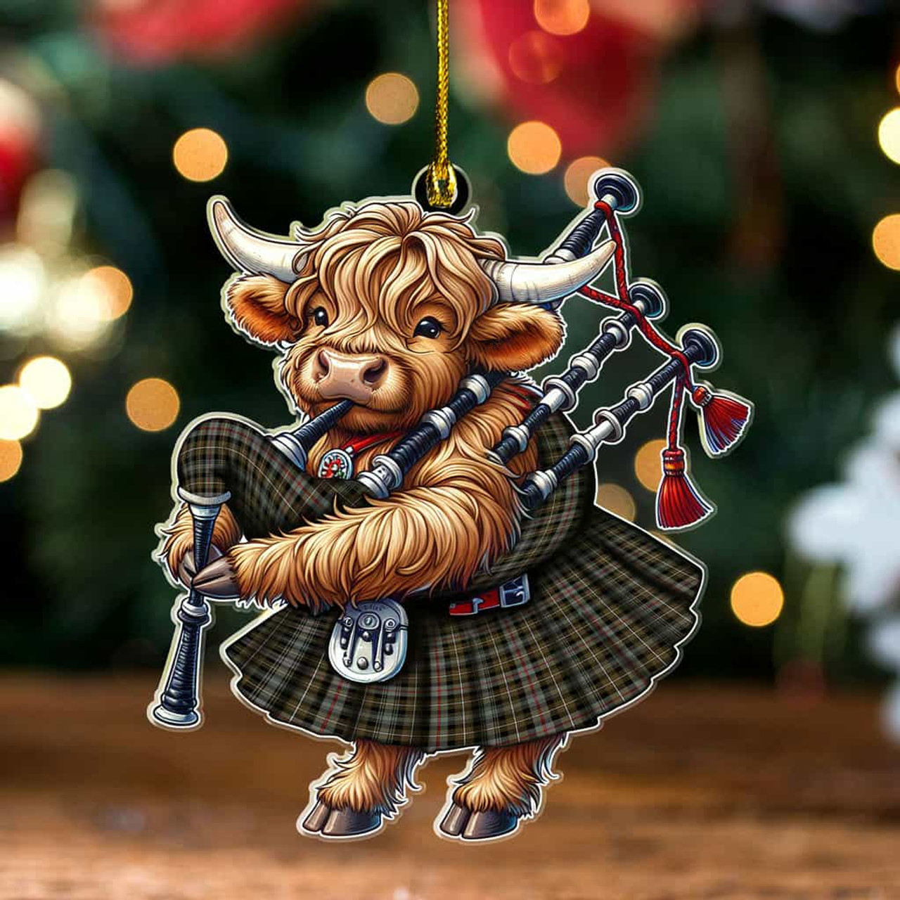 ScotsTee Shop Scottish MacKenzie Weathered Clan Tartan Highland Cow Ornament Bagpipe in Scottish Kilt