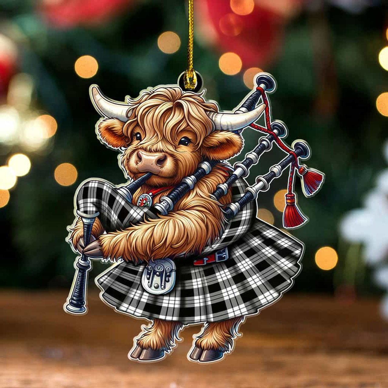 ScotsTee Shop Scottish MacFarlane Black & White Clan Tartan Highland Cow Ornament Bagpipe in Scottish Kilt