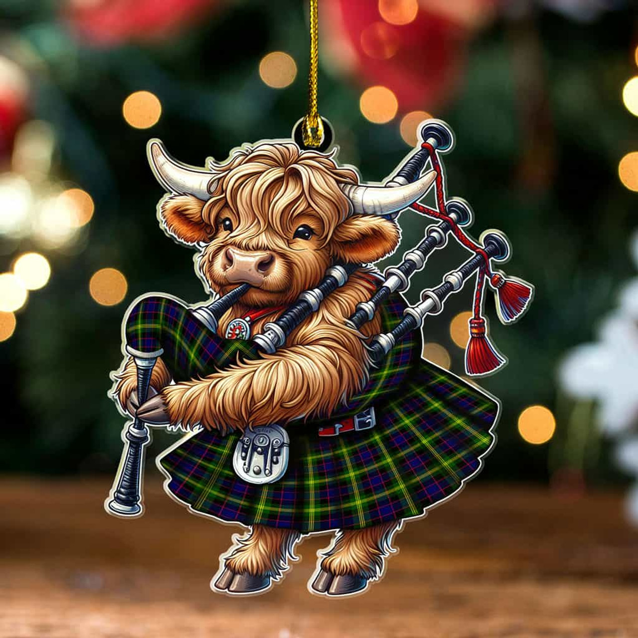 ScotsTee Shop Scottish Watson Modern Clan Tartan Highland Cow Ornament Bagpipe in Scottish Kilt