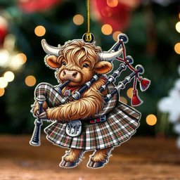 ScotsTee Shop Scottish Stewart Dress Modern Clan Tartan Highland Cow Ornament Bagpipe in Scottish Kilt