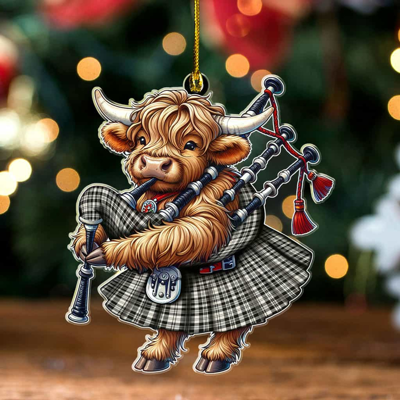 ScotsTee Shop Scottish Scott Black & White Ancient Clan Tartan Highland Cow Ornament Bagpipe in Scottish Kilt