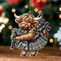 ScotsTee Shop Scottish Scott Black & White Ancient Clan Tartan Highland Cow Ornament Bagpipe in Scottish Kilt