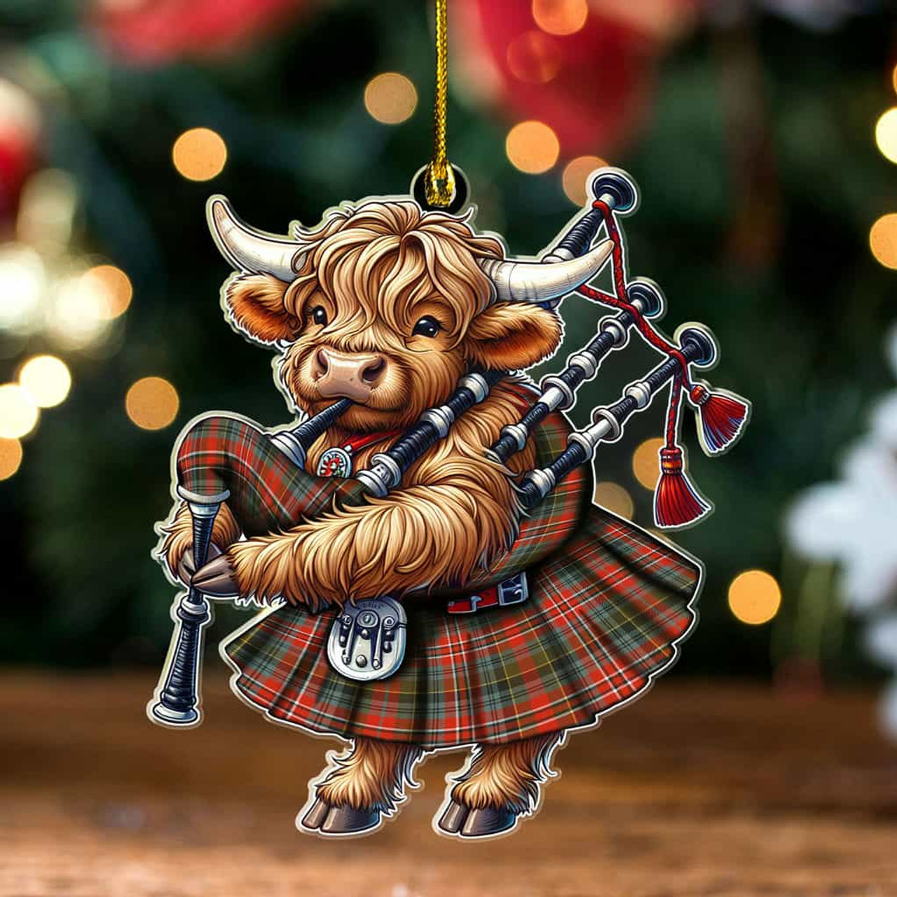 ScotsTee Shop Scottish MacPherson Weathered Clan Tartan Highland Cow Ornament Bagpipe in Scottish Kilt