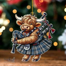 ScotsTee Shop Scottish Napier Modern Clan Tartan Highland Cow Ornament Bagpipe in Scottish Kilt