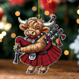 ScotsTee Shop Scottish MacRae Modern Clan Tartan Highland Cow Ornament Bagpipe in Scottish Kilt