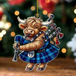 ScotsTee Shop Scottish McKerrell Clan Tartan Highland Cow Ornament Bagpipe in Scottish Kilt
