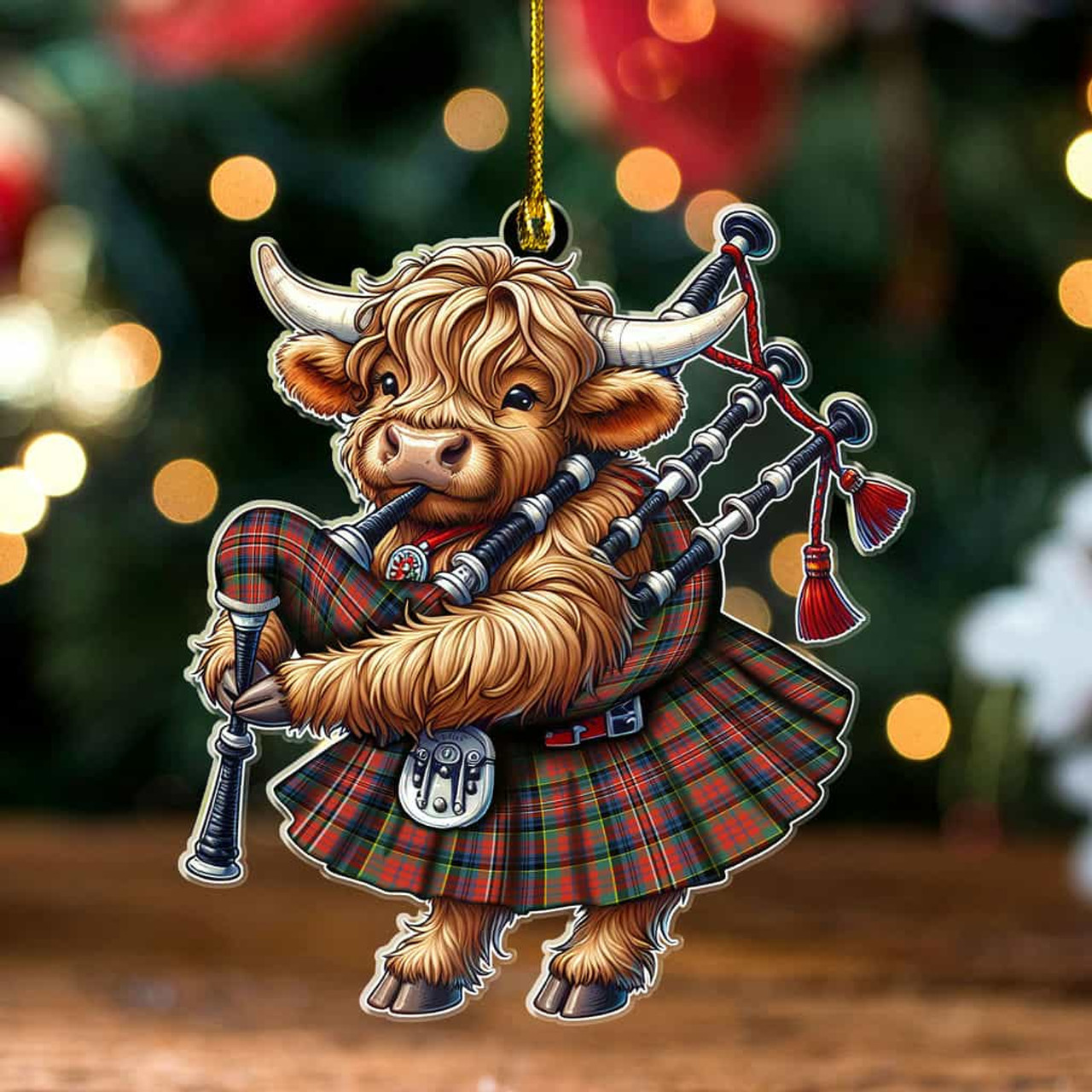 ScotsTee Shop Scottish MacPherson Ancient Clan Tartan Highland Cow Ornament Bagpipe in Scottish Kilt