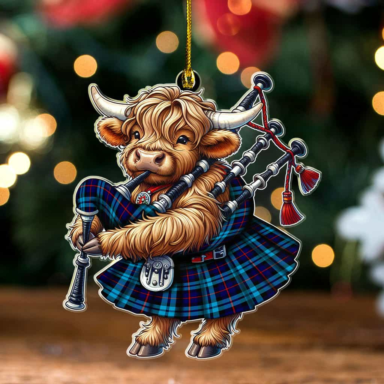 ScotsTee Shop Scottish McCorquodale Clan Tartan Highland Cow Ornament Bagpipe in Scottish Kilt