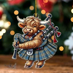 ScotsTee Shop Scottish Napier Ancient Clan Tartan Highland Cow Ornament Bagpipe in Scottish Kilt