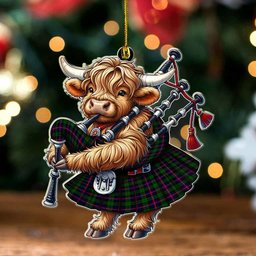 ScotsTee Shop Scottish Urquhart Modern Clan Tartan Highland Cow Ornament Bagpipe in Scottish Kilt