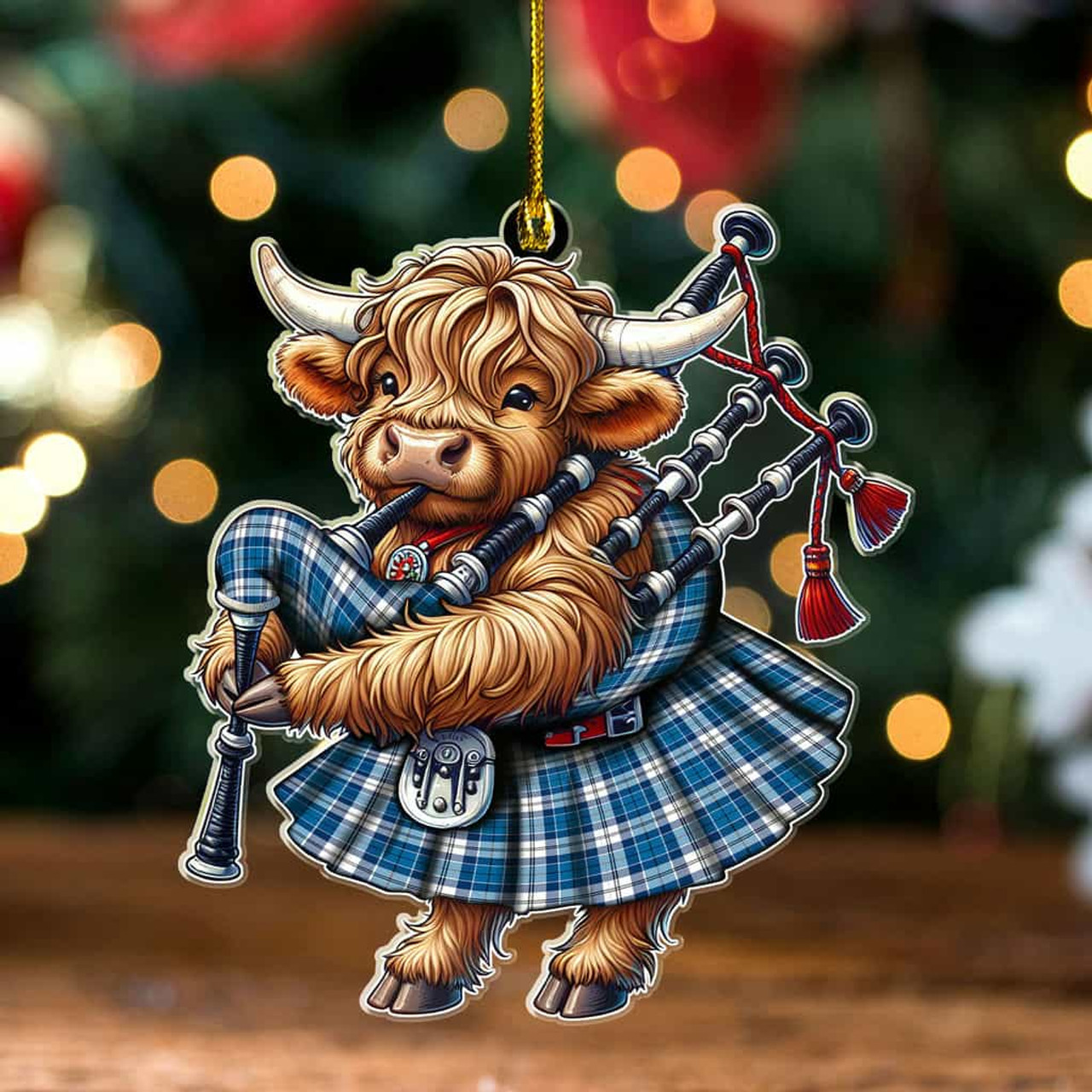 ScotsTee Shop Scottish Strathclyde District Clan Tartan Highland Cow Ornament Bagpipe in Scottish Kilt