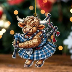 ScotsTee Shop Scottish Strathclyde District Clan Tartan Highland Cow Ornament Bagpipe in Scottish Kilt