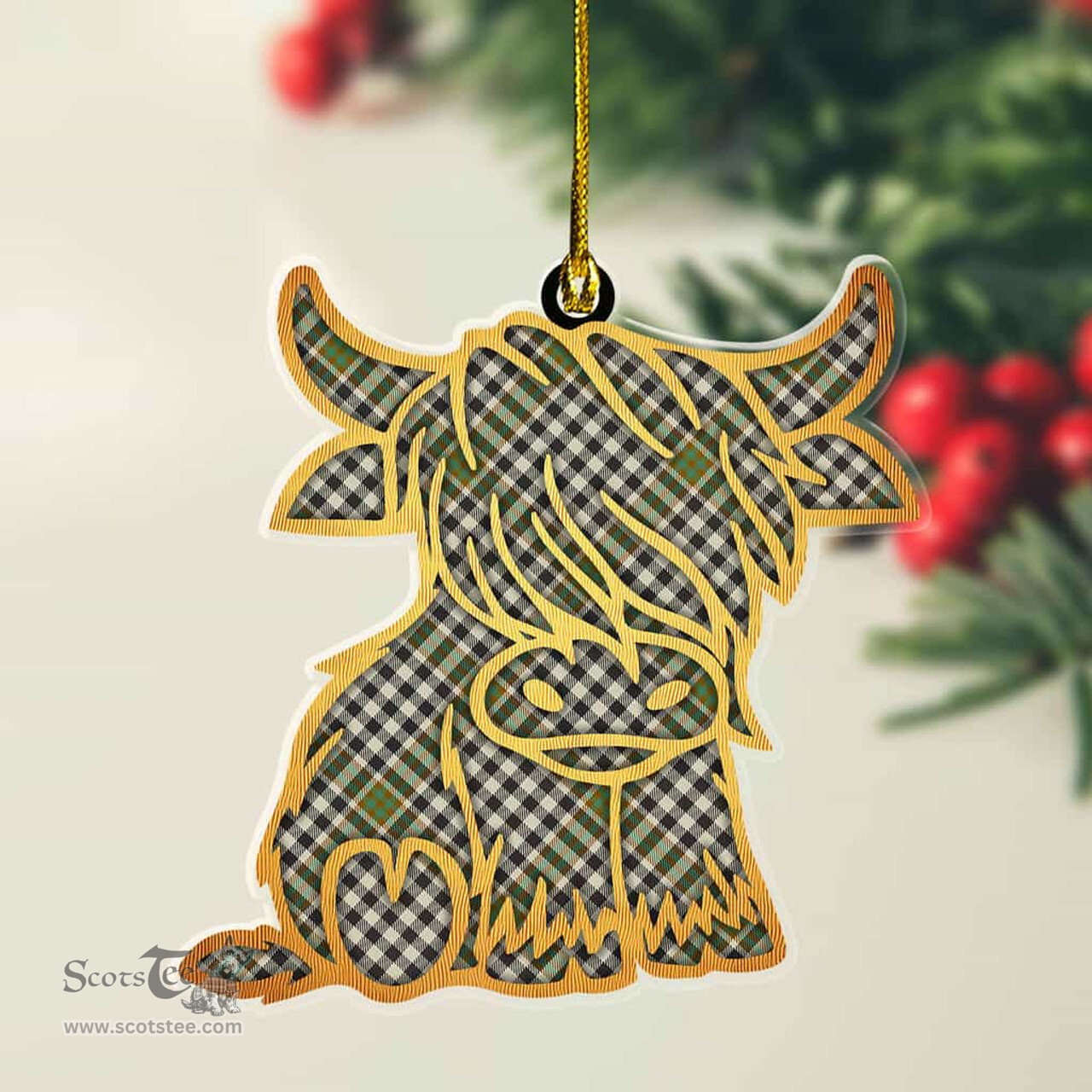 ScotsTee Shop Scottish Burns Check Plaid Gold Tartan Highland Cow Ornament