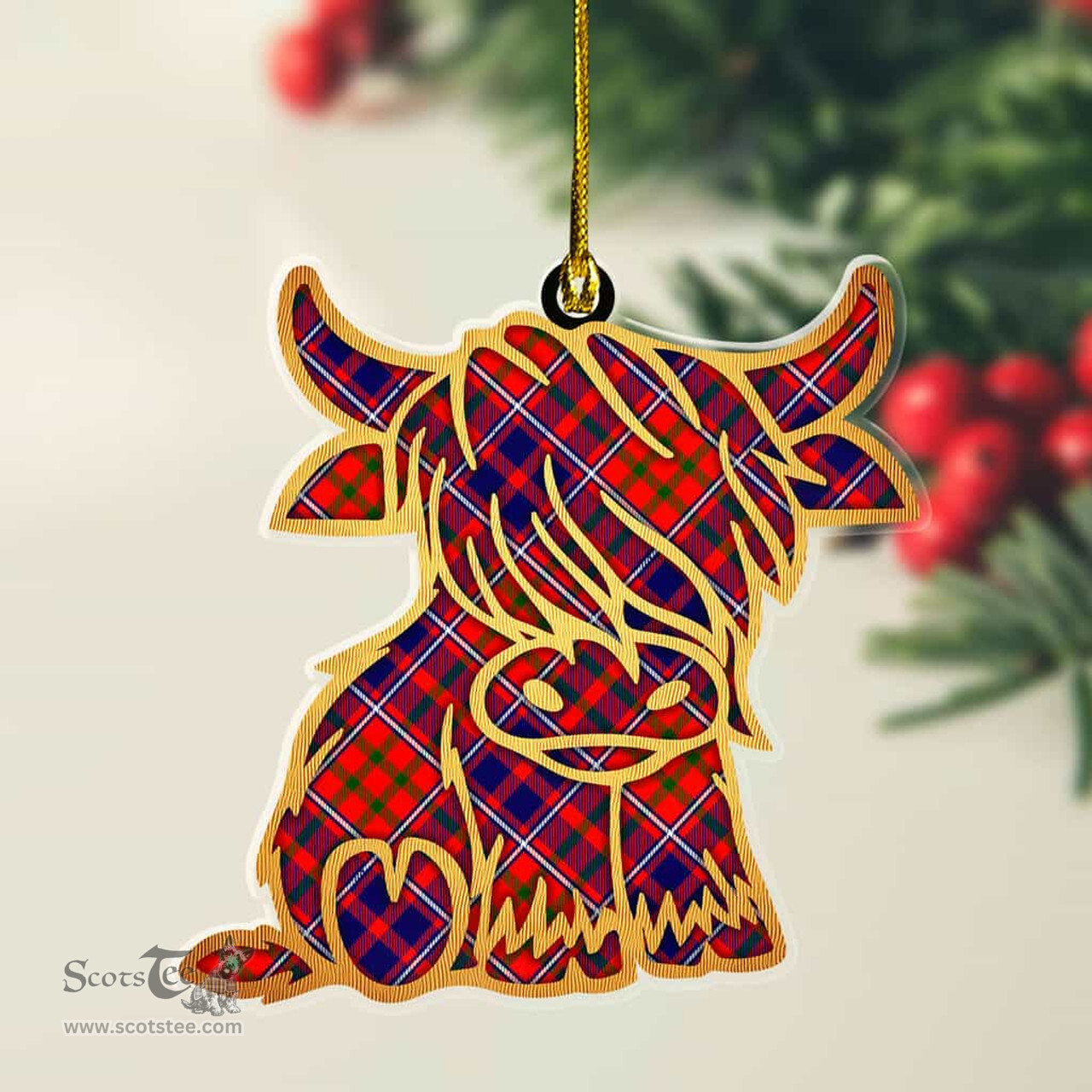 ScotsTee Shop Scottish Cameron of Lochiel Modern Plaid Gold Tartan Highland Cow Ornament