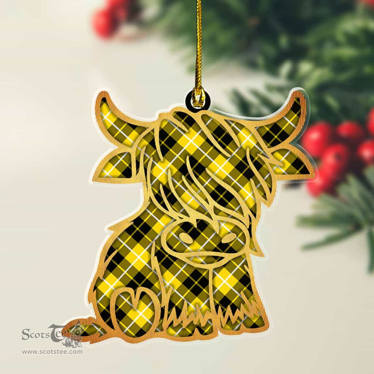 ScotsTee Shop Scottish Barclay Dress Modern Plaid Gold Tartan Highland Cow Ornament