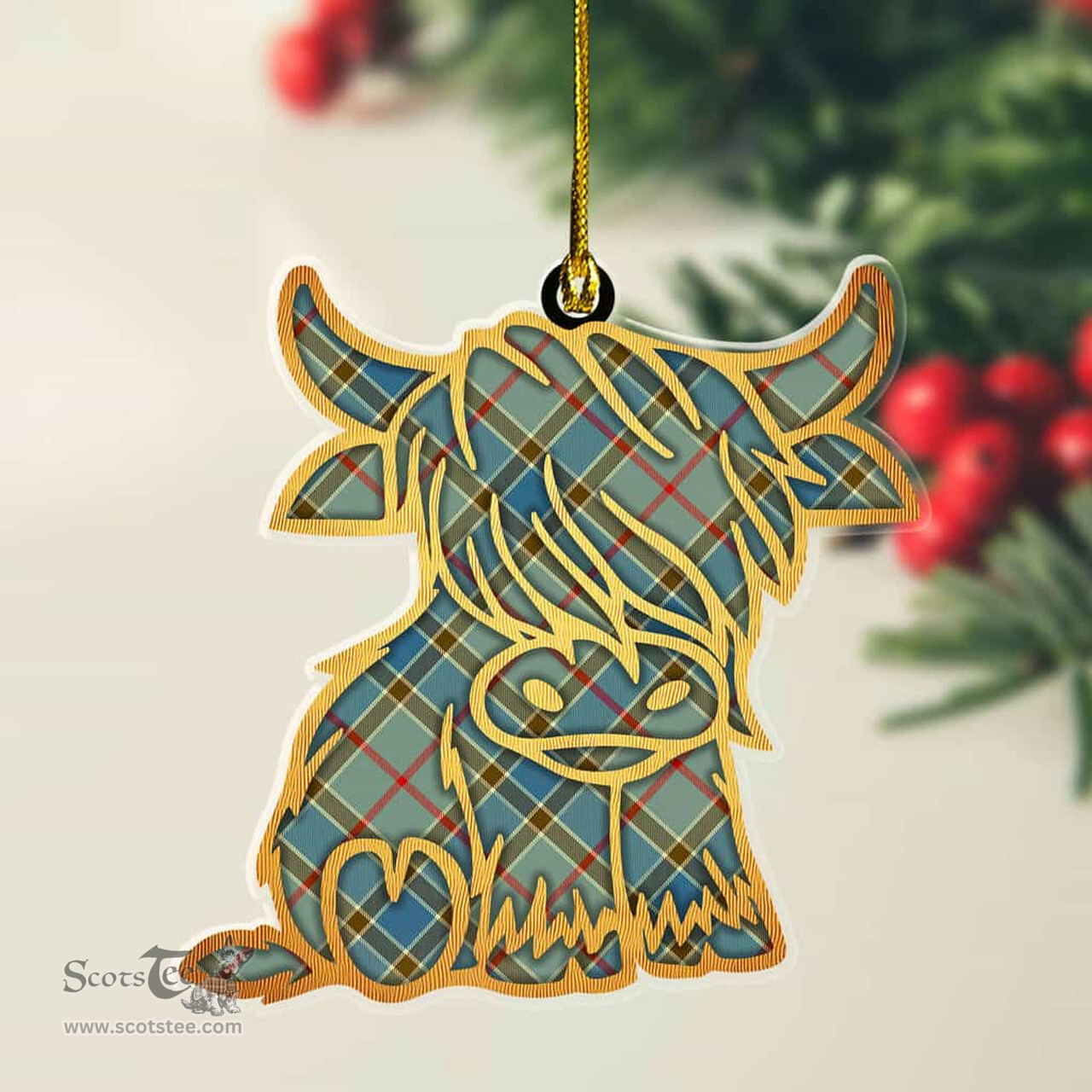 ScotsTee Shop Scottish Balfour Blue Plaid Gold Tartan Highland Cow Ornament