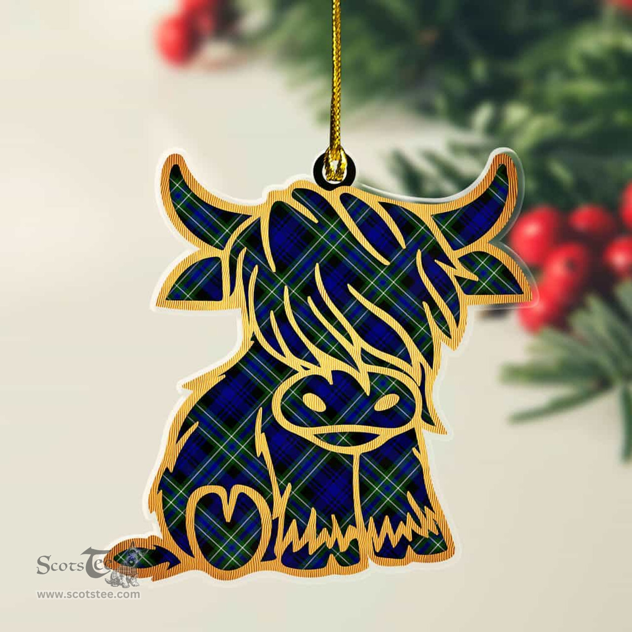 ScotsTee Shop Scottish Arbuthnot Modern Plaid Gold Tartan Highland Cow Ornament
