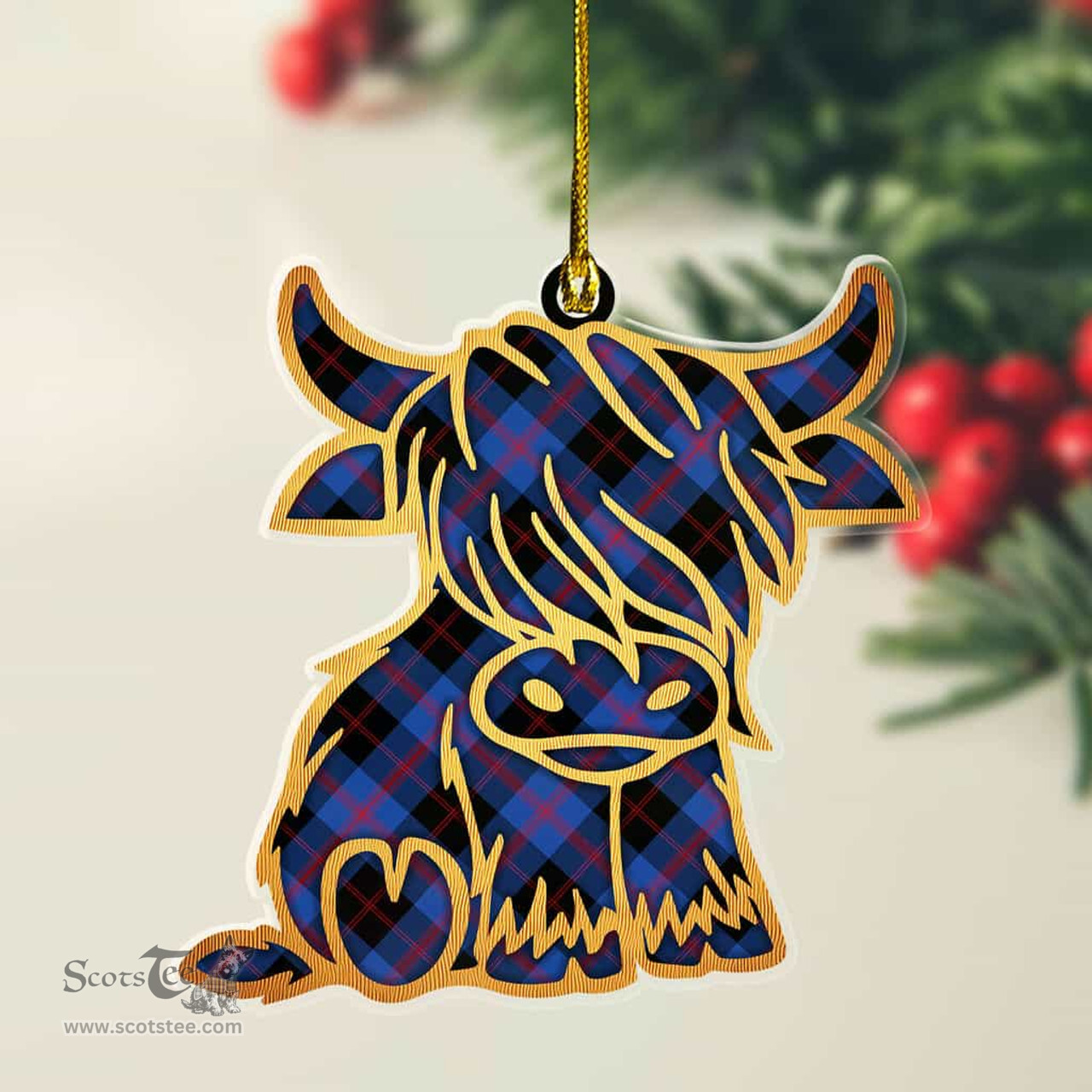ScotsTee Shop Scottish Angus Modern Plaid Gold Tartan Highland Cow Ornament