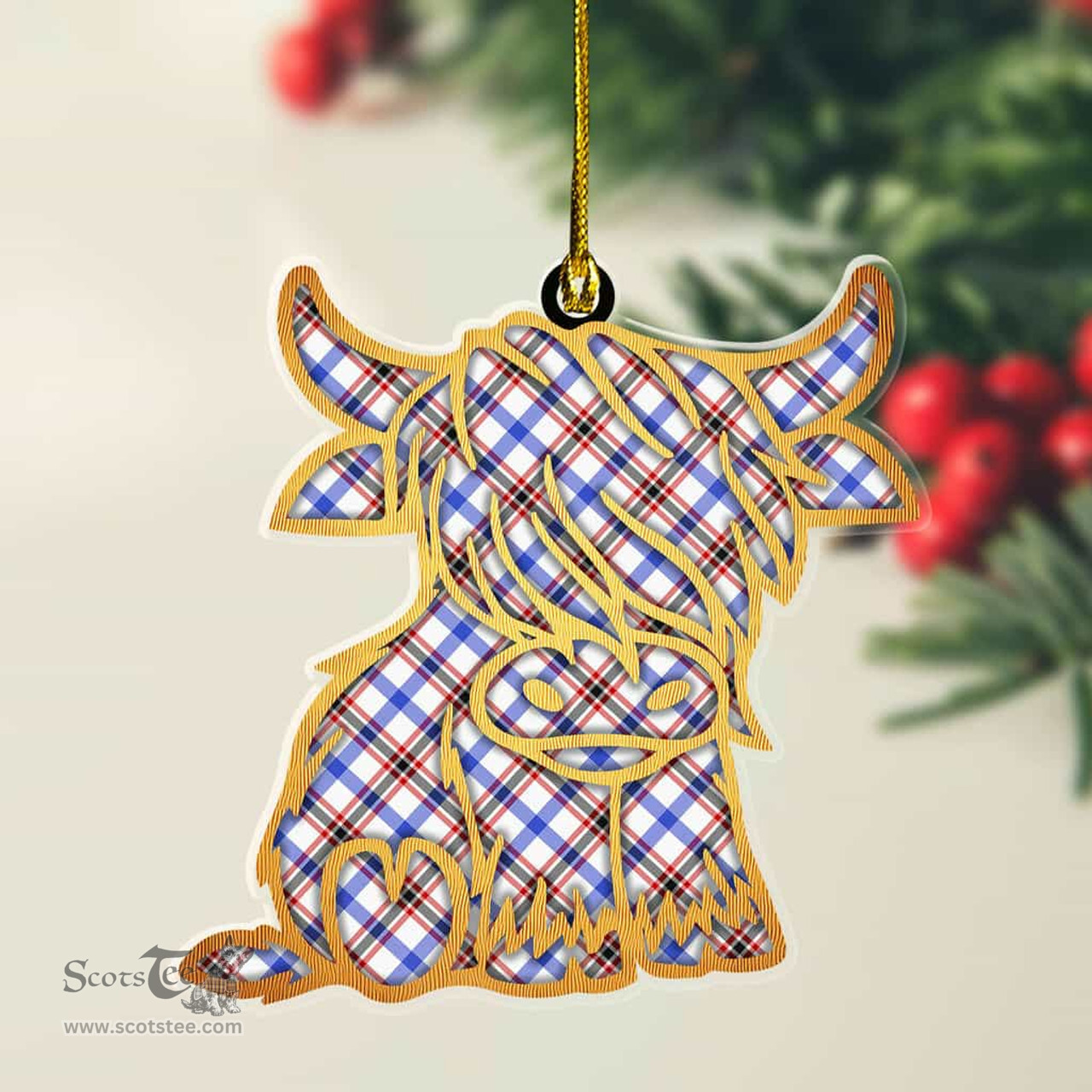 ScotsTee Shop Scottish Boswell Modern Plaid Gold Tartan Highland Cow Ornament