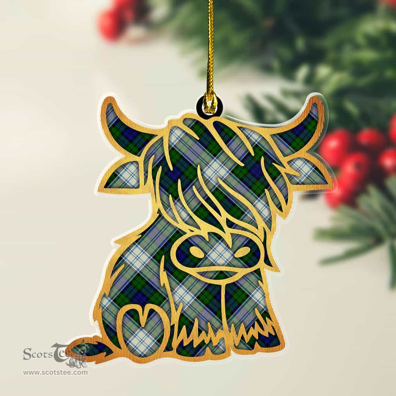 ScotsTee Shop Scottish Blackwatch Dress Modern Plaid Gold Tartan Highland Cow Ornament