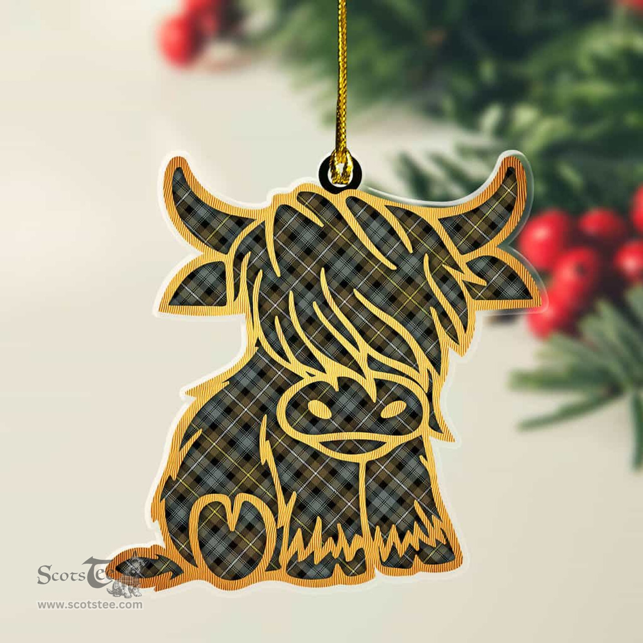 ScotsTee Shop Scottish Campbell Argyll Weathered Plaid Gold Tartan Highland Cow Ornament