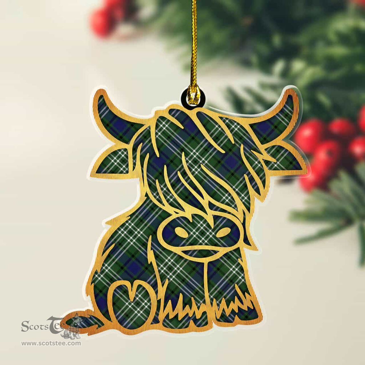 ScotsTee Shop Scottish Blyth Plaid Gold Tartan Highland Cow Ornament