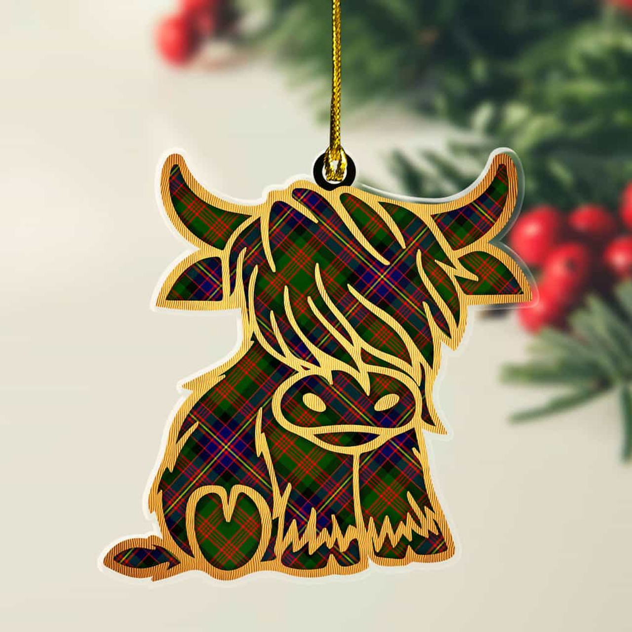 ScotsTee Shop Scottish Cochrane Modern Plaid Gold Tartan Highland Cow Ornament