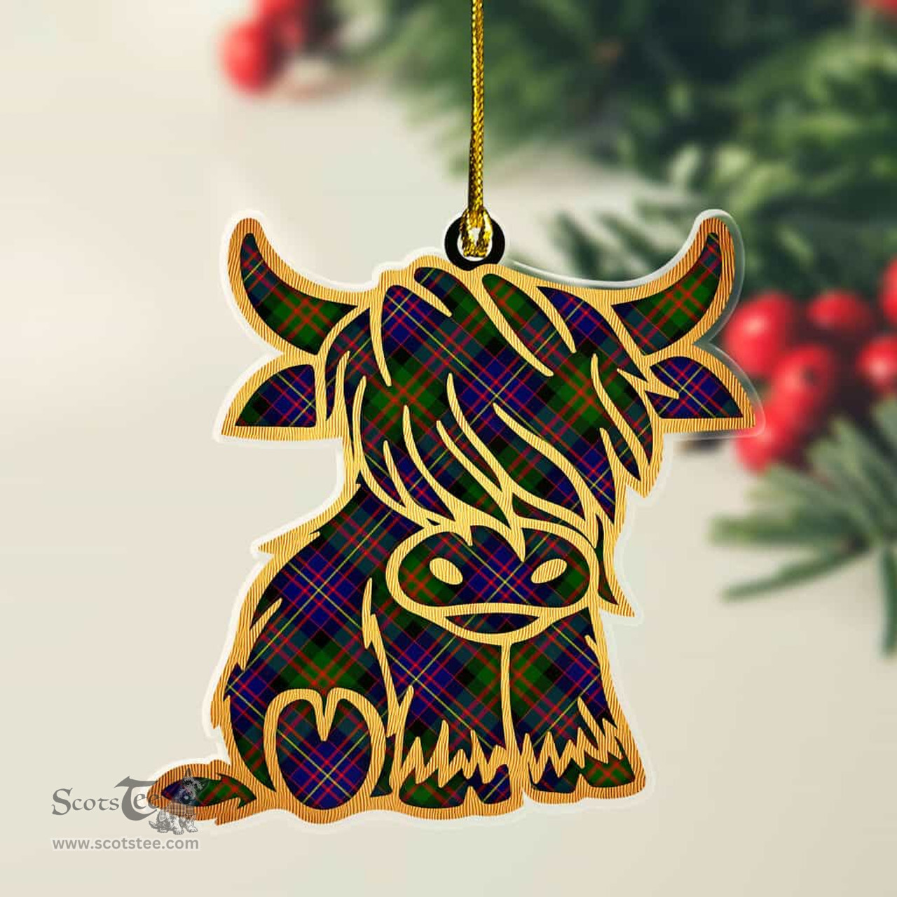 ScotsTee Shop Scottish Cameron of Erracht Modern Plaid Gold Tartan Highland Cow Ornament