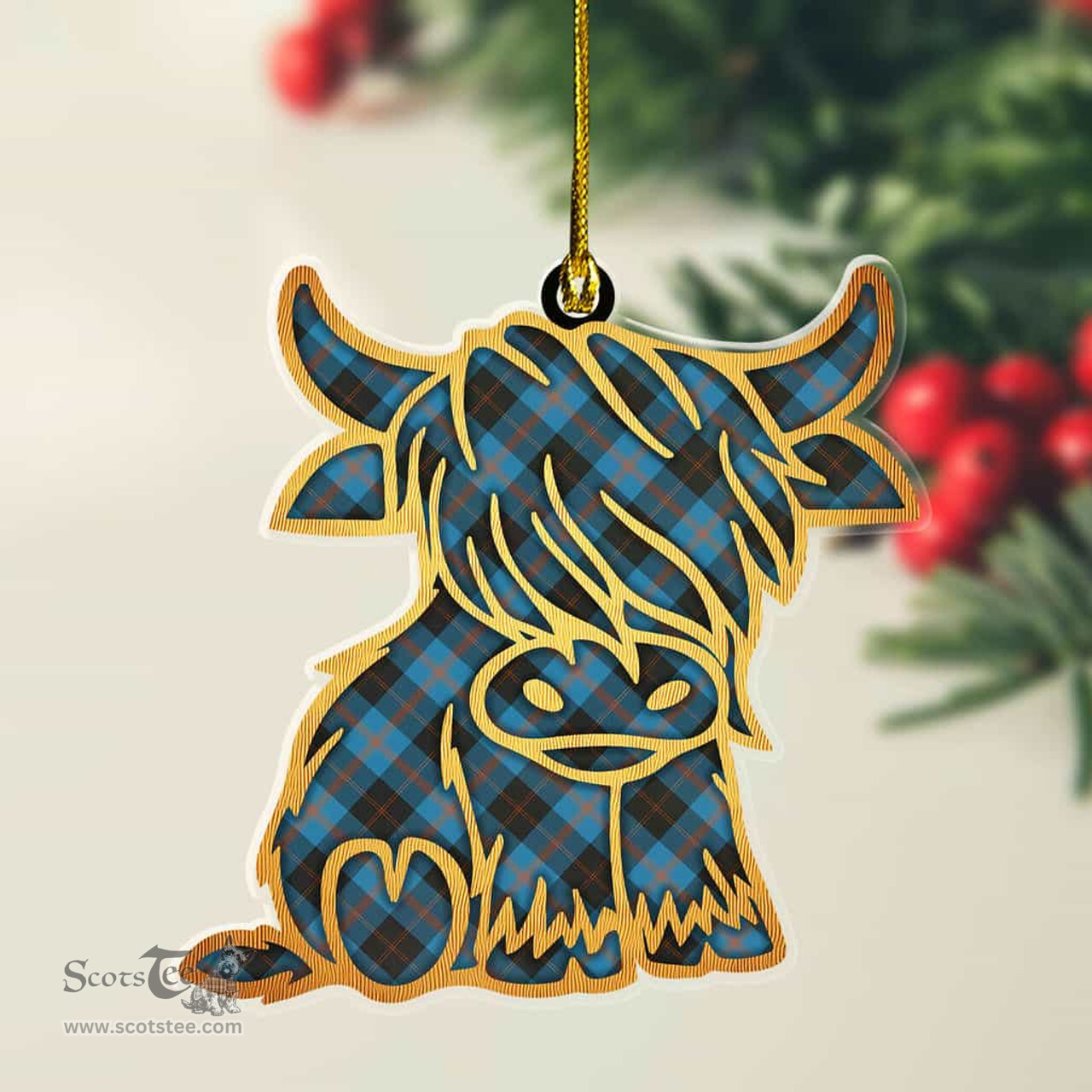 ScotsTee Shop Scottish Angus Ancient Plaid Gold Tartan Highland Cow Ornament